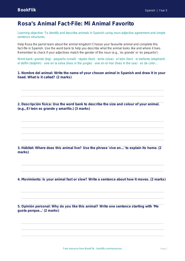 Free Animals Template | Year 5 Core | BookFlik worksheet preview — Spanish Animals