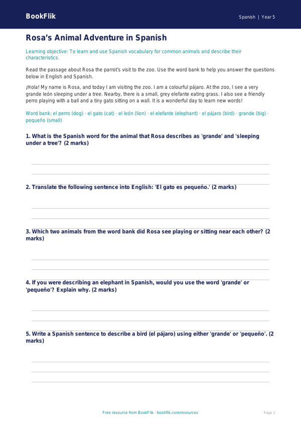 Free Animals Track Sheet | Year 5 Core | BookFlik worksheet preview — Spanish Animals