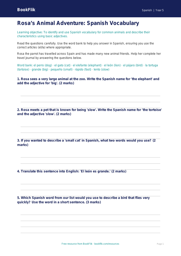 Free Animals Worksheet | Year 5 Core | BookFlik worksheet preview — Spanish Animals