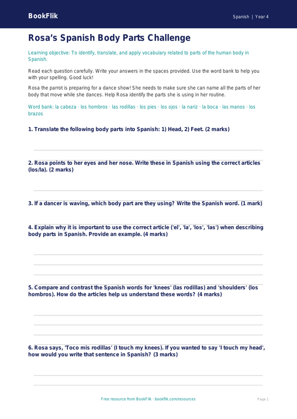 Free Body Parts Assessment | Year 4 Greater Depth | BookFlik worksheet preview — Spanish Body Parts