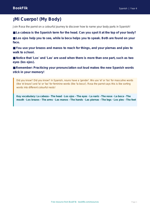 Free Body Parts Poster | Year 4 Greater Depth | BookFlik worksheet preview — Spanish Body Parts