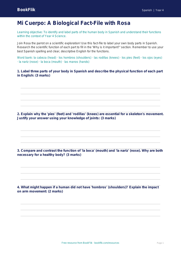 Free Body Parts Template | Year 4 Greater Depth | BookFlik worksheet preview — Spanish Body Parts