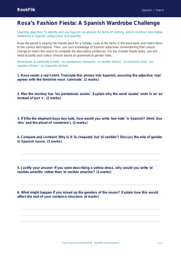 Free Clothes Activity Sheet | Year 4 Greater Depth | BookFlik worksheet preview — Spanish Clothes
