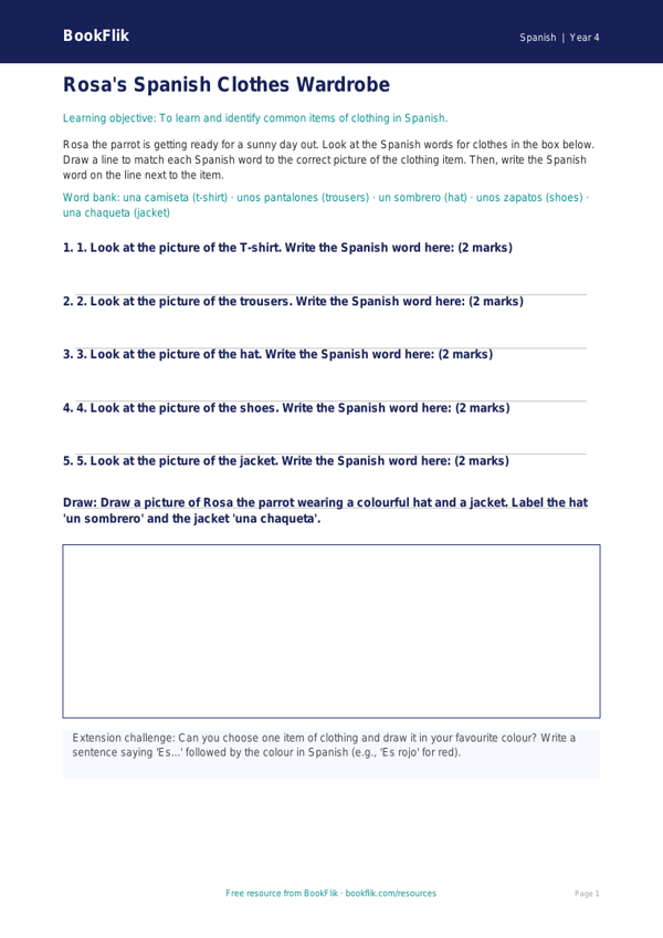 Free Clothes Activity Sheet | Year 4 Supported | BookFlik worksheet preview — Spanish Clothes