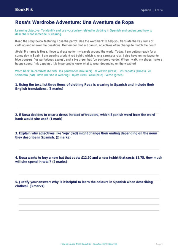 Free Clothes Track Sheet | Year 4 Greater Depth | BookFlik worksheet preview — Spanish Clothes