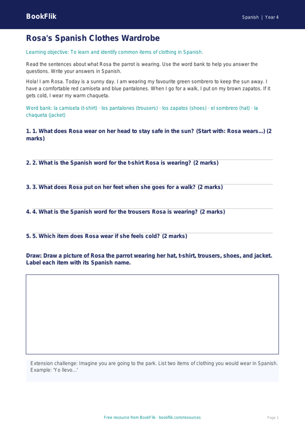 Free Clothes Track Sheet | Year 4 Supported | BookFlik worksheet preview — Spanish Clothes