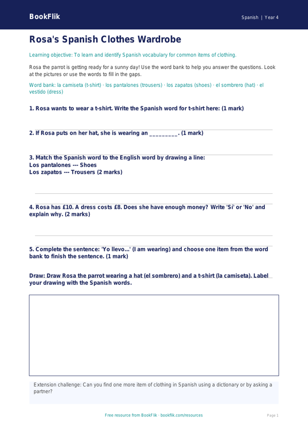 Free Clothes Worksheet | Year 4 Supported | BookFlik worksheet preview — Spanish Clothes