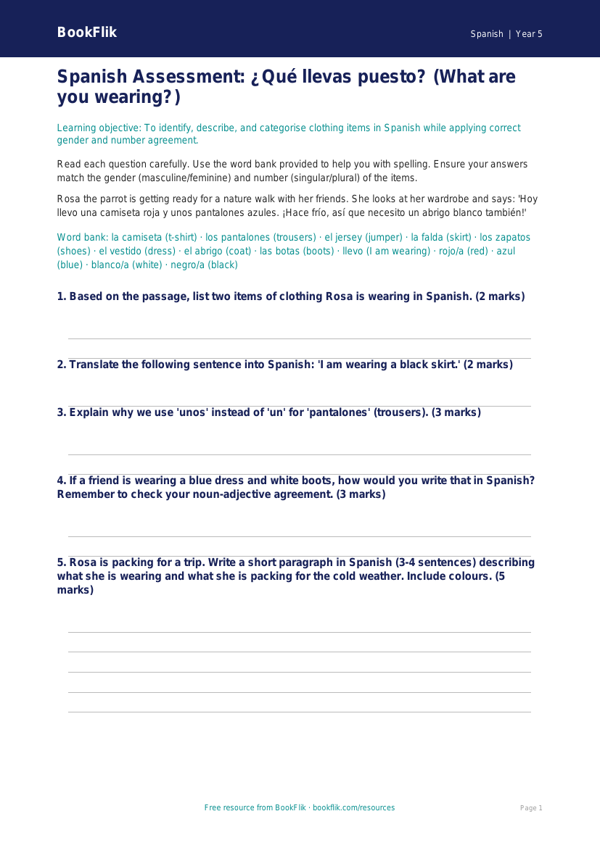 Free Clothes Assessment | Year 5 Core | BookFlik worksheet preview — Spanish Clothes