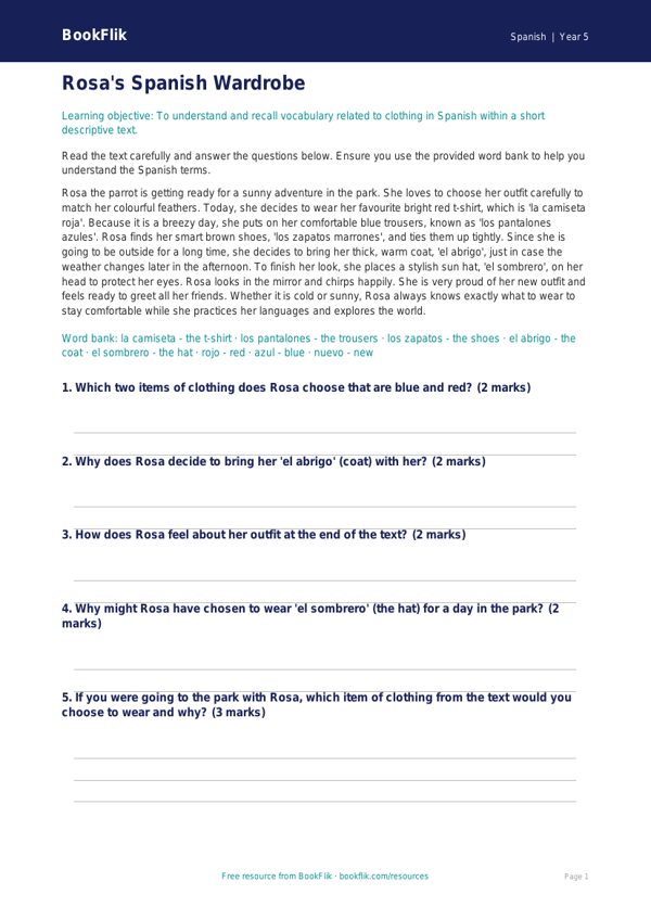 Free Clothes Comprehension | Year 5 Core | BookFlik worksheet preview — Spanish Clothes
