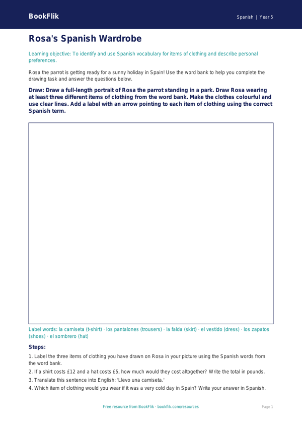 Free Clothes Drawing Sheet | Year 5 Core | BookFlik worksheet preview — Spanish Clothes