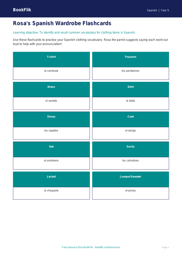 Free Clothes Flashcards | Year 5 Core | BookFlik worksheet preview — Spanish Clothes