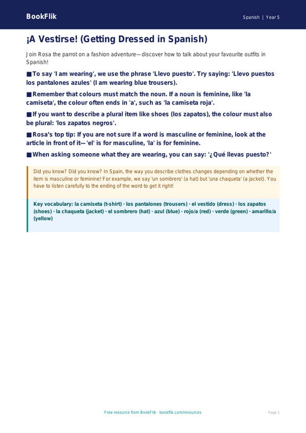 Free Clothes Poster | Year 5 Core | BookFlik worksheet preview — Spanish Clothes