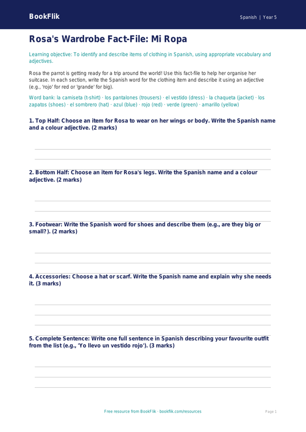 Free Clothes Template | Year 5 Core | BookFlik worksheet preview — Spanish Clothes