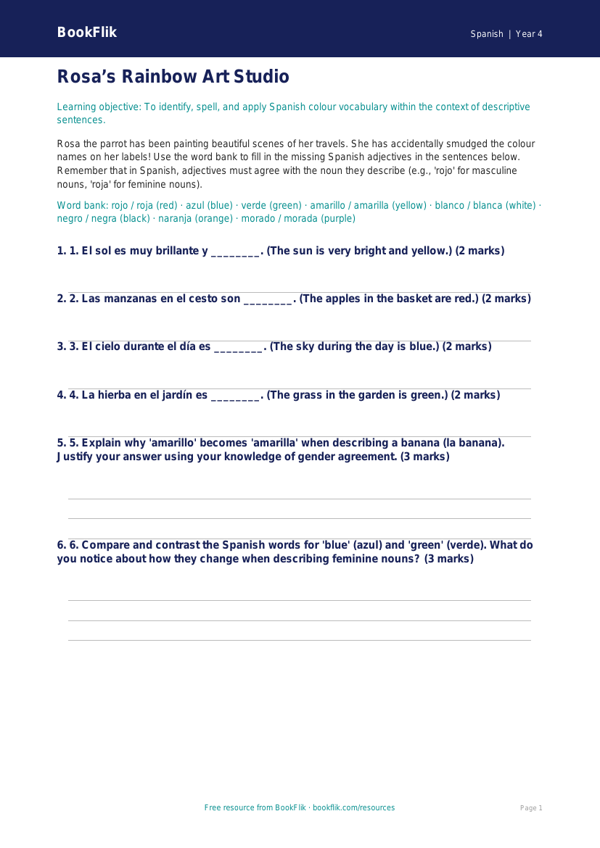 Free Colours Activity Sheet | Year 4 Greater Depth | BookFlik worksheet preview — Spanish Colours