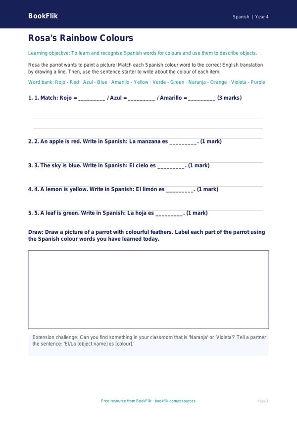 Free Colours Activity Sheet | Year 4 Supported | BookFlik worksheet preview — Spanish Colours