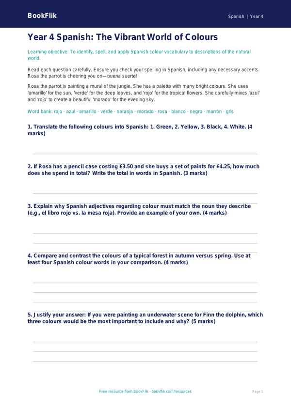 Free Colours Assessment | Year 4 Greater Depth | BookFlik worksheet preview — Spanish Colours