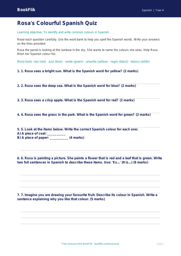 Free Colours Assessment | Year 4 Supported | BookFlik worksheet preview — Spanish Colours