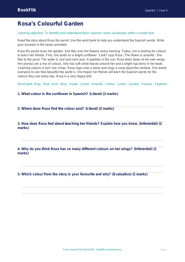 Free Colours Comprehension | Year 4 Supported | BookFlik worksheet preview — Spanish Colours