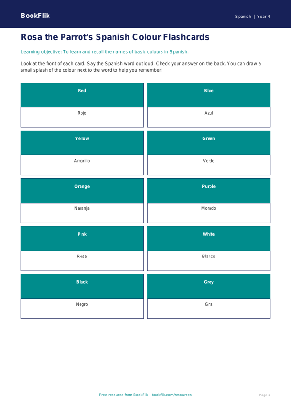 Free Colours Flashcards | Year 4 Supported | BookFlik worksheet preview — Spanish Colours