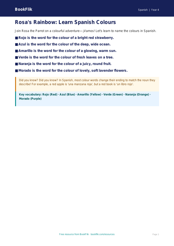 Free Colours Poster | Year 4 Supported | BookFlik worksheet preview — Spanish Colours