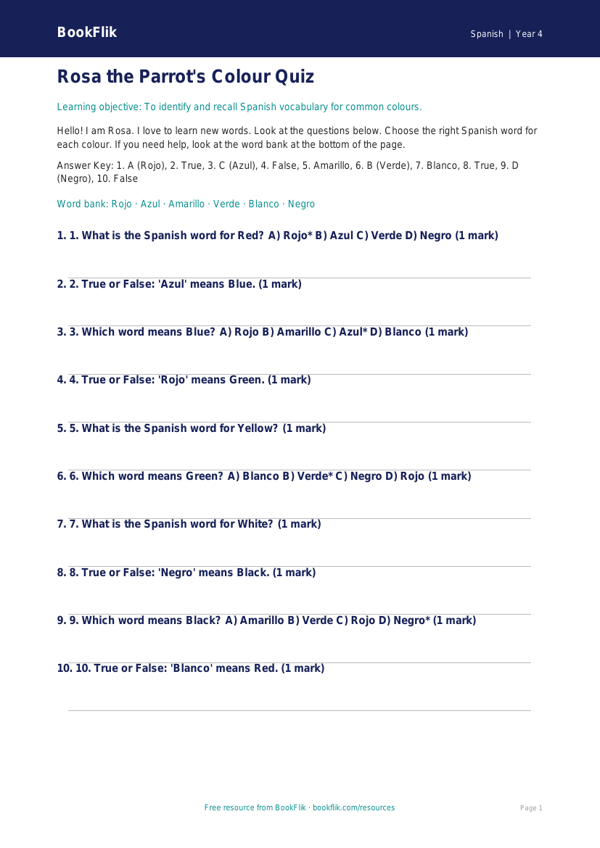 Free Colours Quiz | Year 4 Supported | BookFlik worksheet preview — Spanish Colours