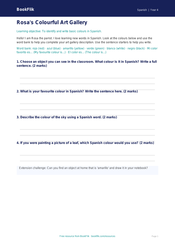 Free Colours Template | Year 4 Supported | BookFlik worksheet preview — Spanish Colours