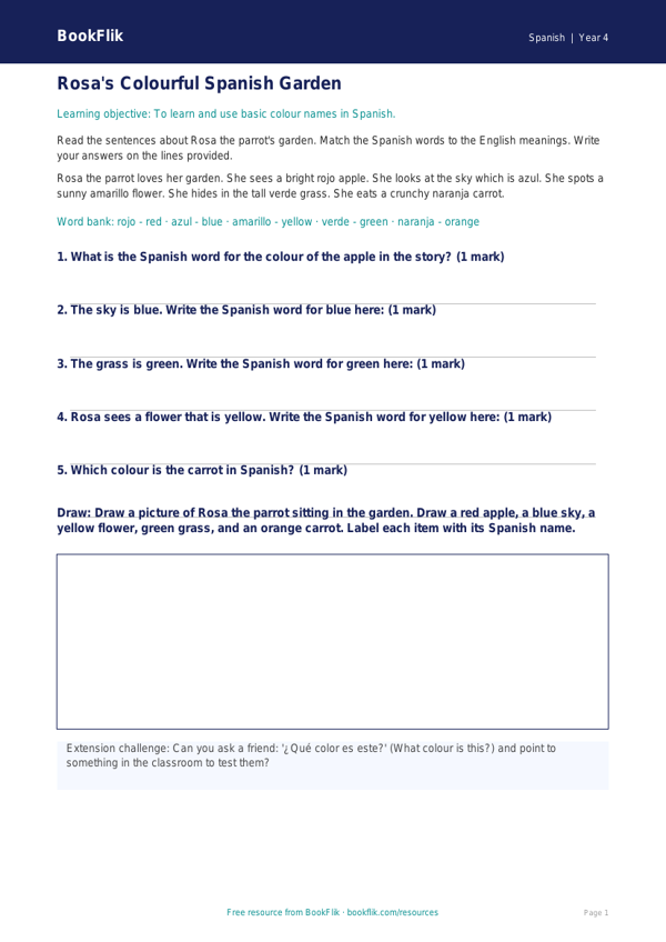 Free Colours Track Sheet | Year 4 Supported | BookFlik worksheet preview — Spanish Colours