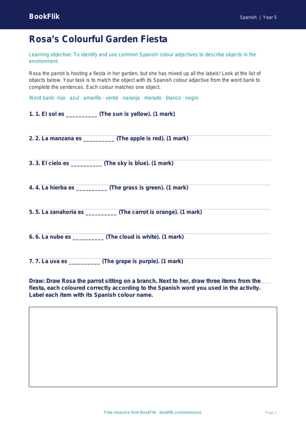 Free Colours Activity Sheet | Year 5 Core | BookFlik worksheet preview — Spanish Colours