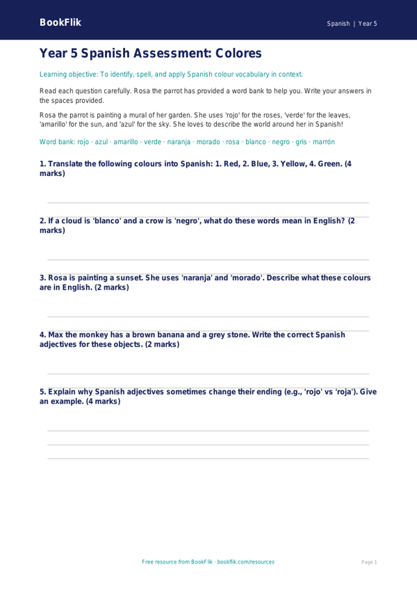Free Colours Assessment | Year 5 Core | BookFlik worksheet preview — Spanish Colours