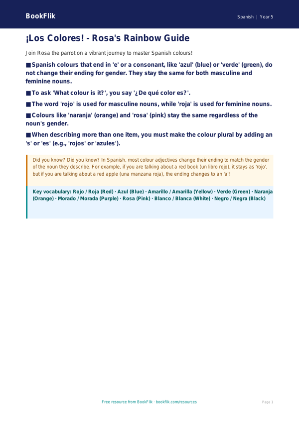 Free Colours Poster | Year 5 Core | BookFlik worksheet preview — Spanish Colours