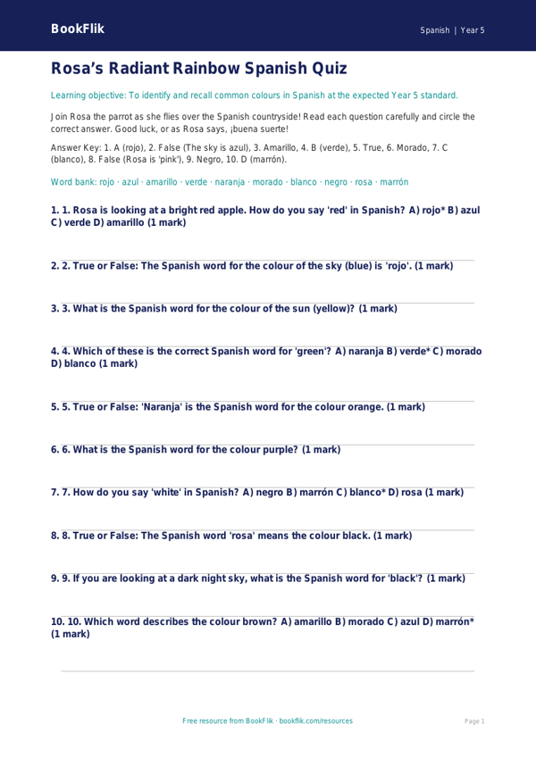 Free Colours Quiz | Year 5 Core | BookFlik worksheet preview — Spanish Colours
