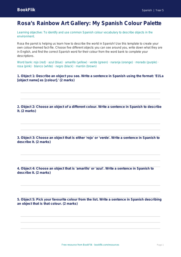 Free Colours Template | Year 5 Core | BookFlik worksheet preview — Spanish Colours