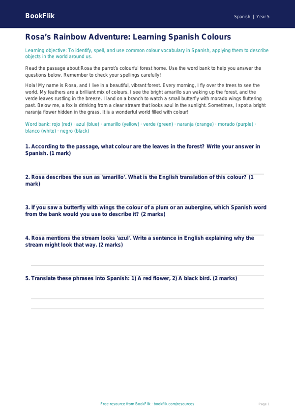 Free Colours Track Sheet | Year 5 Core | BookFlik worksheet preview — Spanish Colours