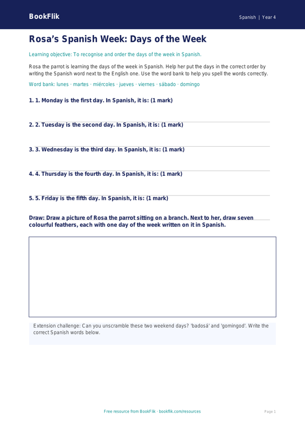 Free Days Of The Week Activity Sheet | Year 4 Supported | BookFlik worksheet preview — Spanish Days Of The Week
