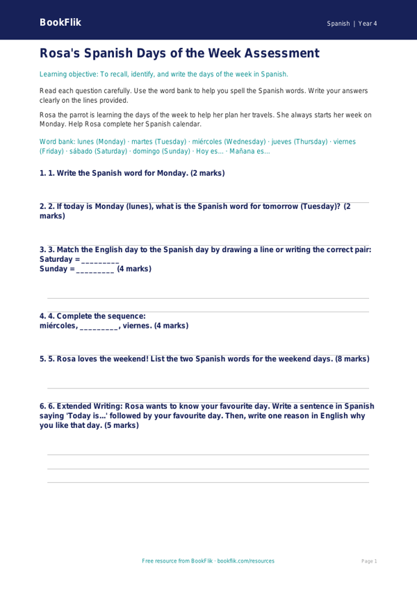 Free Days Of The Week Assessment | Year 4 Supported | BookFlik worksheet preview — Spanish Days Of The Week