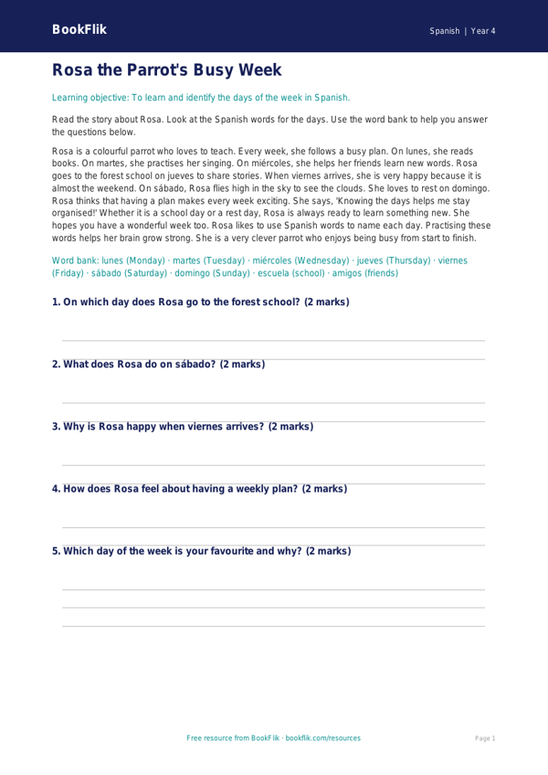Free Days Of The Week Comprehension | Year 4 Supported | BookFlik worksheet preview — Spanish Days Of The Week