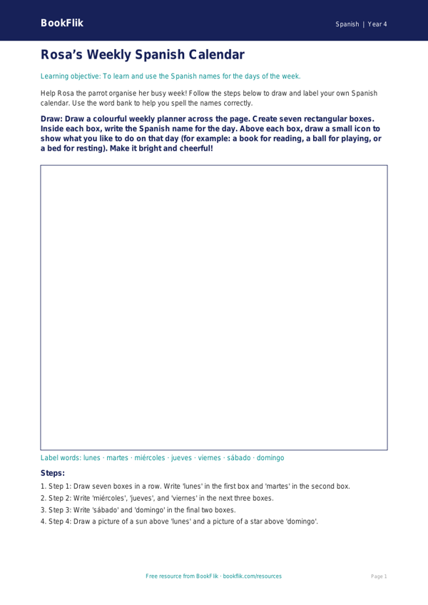 Free Days Of The Week Drawing Sheet | Year 4 Supported | BookFlik worksheet preview — Spanish Days Of The Week