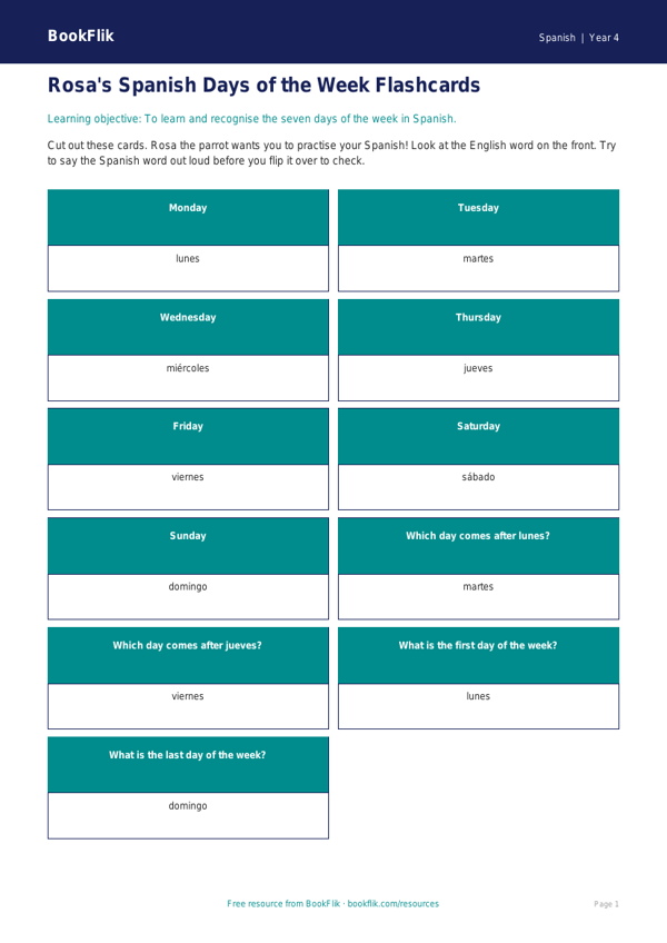 Free Days Of The Week Flashcards | Year 4 Supported | BookFlik worksheet preview — Spanish Days Of The Week
