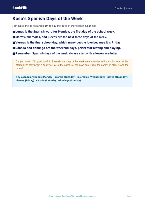 Free Days Of The Week Poster | Year 4 Supported | BookFlik worksheet preview — Spanish Days Of The Week