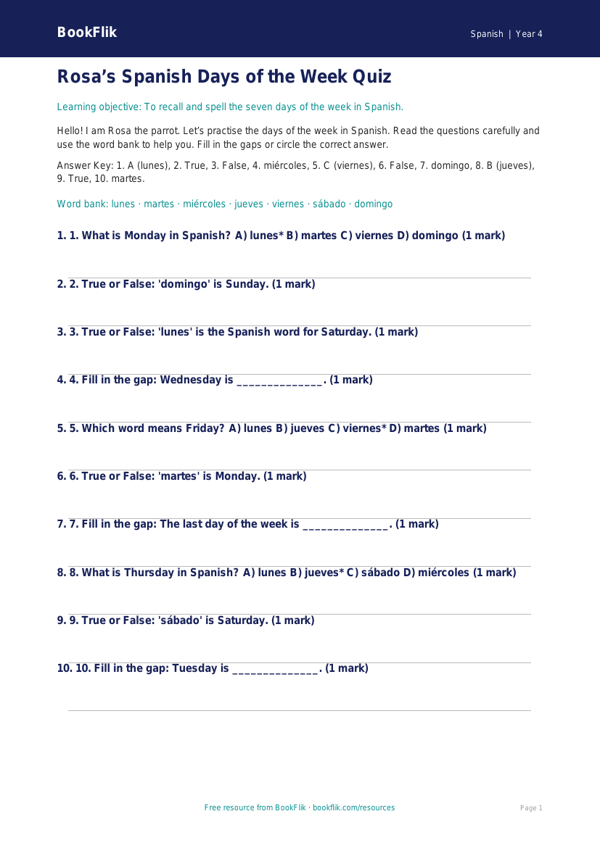 Free Days Of The Week Quiz | Year 4 Supported | BookFlik worksheet preview — Spanish Days Of The Week