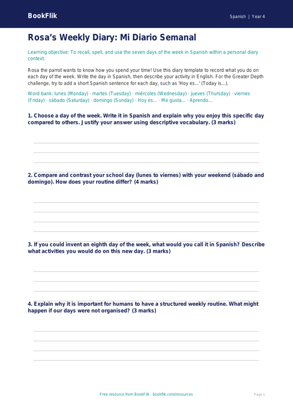 Free Days Of The Week Template | Year 4 Greater Depth | BookFlik worksheet preview — Spanish Days Of The Week