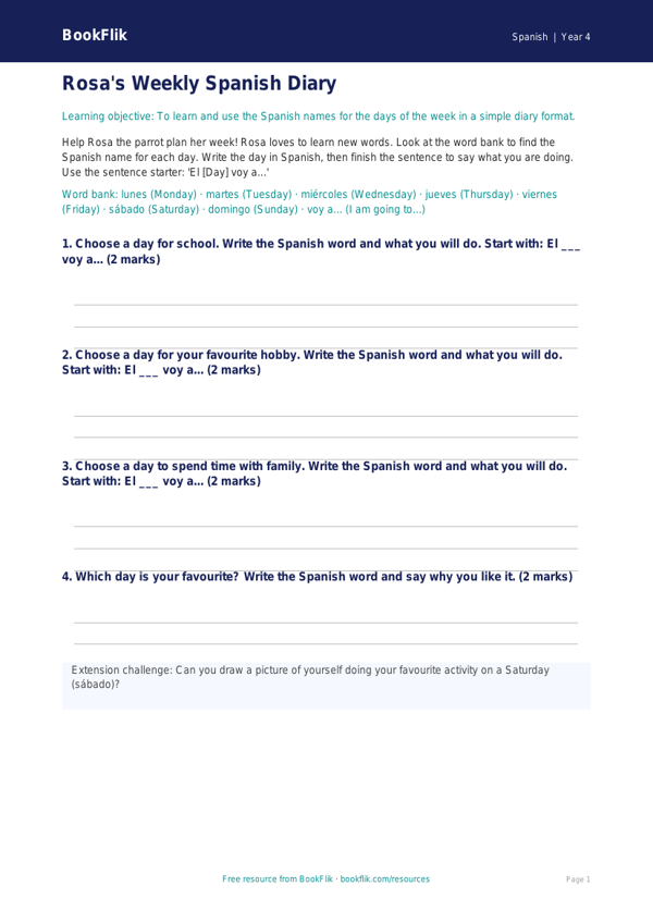Free Days Of The Week Template | Year 4 Supported | BookFlik worksheet preview — Spanish Days Of The Week