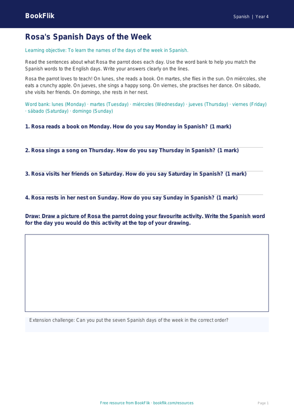 Free Days Of The Week Track Sheet | Year 4 Supported | BookFlik worksheet preview — Spanish Days Of The Week