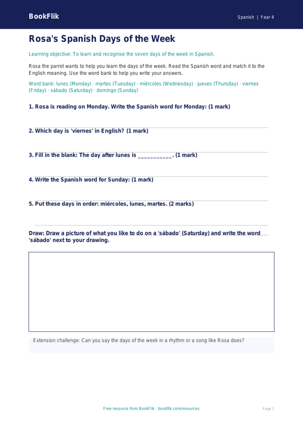 Free Days Of The Week Worksheet | Year 4 Supported | BookFlik worksheet preview — Spanish Days Of The Week