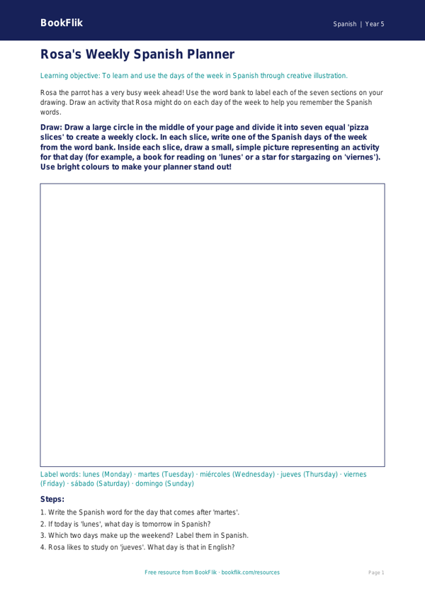Free Days Of The Week Drawing Sheet | Year 5 Core | BookFlik worksheet preview — Spanish Days Of The Week