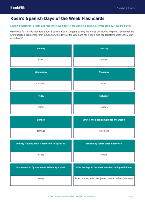 Free Days Of The Week Flashcards | Year 5 Core | BookFlik worksheet preview — Spanish Days Of The Week