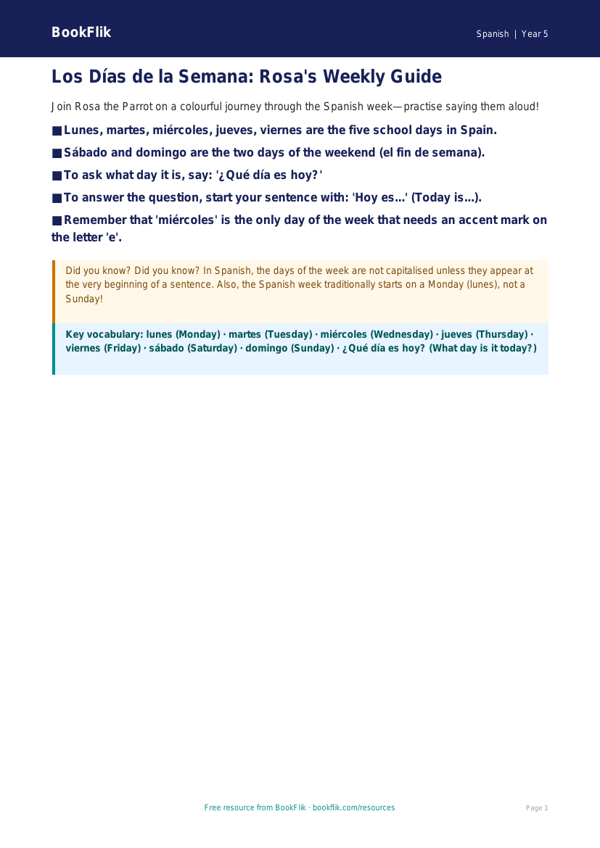 Free Days Of The Week Poster | Year 5 Core | BookFlik worksheet preview — Spanish Days Of The Week
