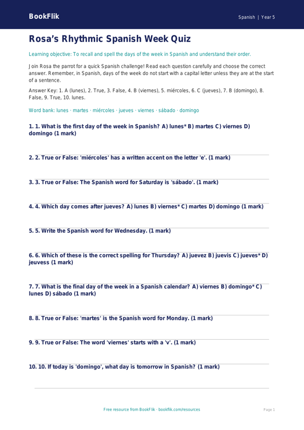 Free Days Of The Week Quiz | Year 5 Core | BookFlik worksheet preview — Spanish Days Of The Week