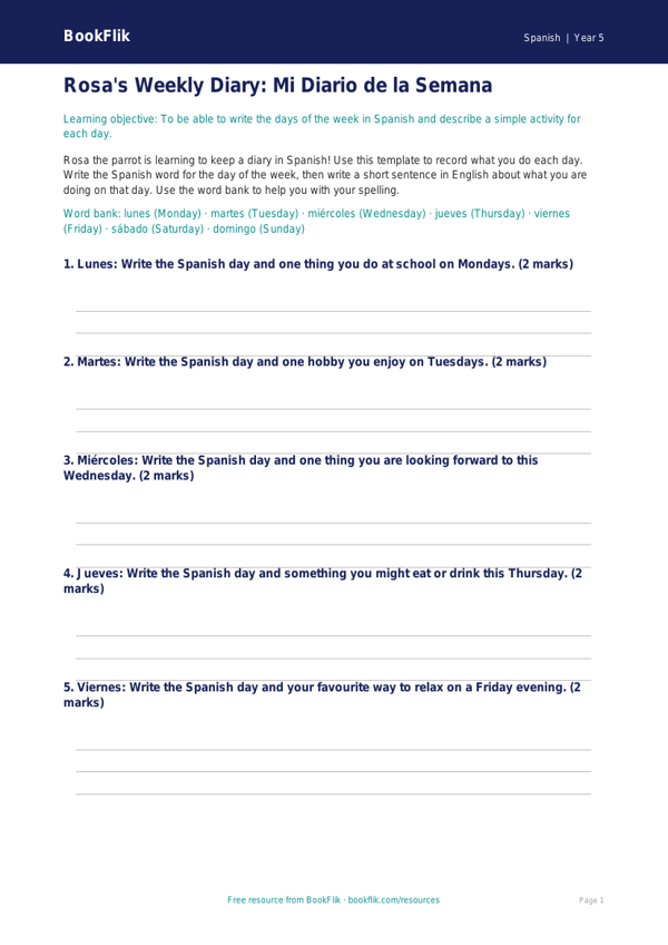 Free Days Of The Week Template | Year 5 Core | BookFlik worksheet preview — Spanish Days Of The Week