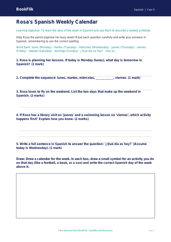 Free Days Of The Week Worksheet | Year 5 Core | BookFlik worksheet preview — Spanish Days Of The Week
